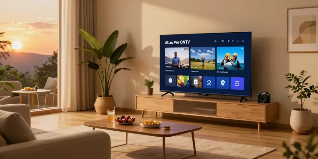 Interface de l'application Atlas Pro ONTV affichée sur une télévision moderne dans un salon chaleureux, mettant en valeur le divertissement à domicile.